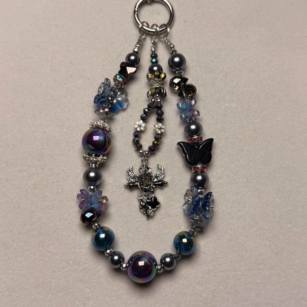Cross Blue Beaded Phone Wristlet Keychain Crystal Phone Strap Handmade Goth Bag